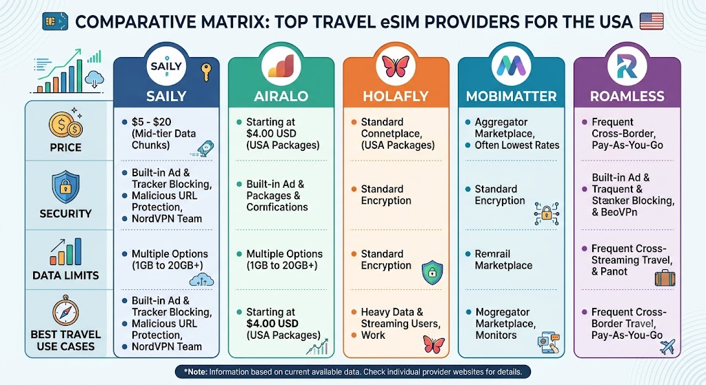 A comparative matrix chart highlighting Saily, Airalo, Holafly, MobiMatter, and Roamless based on price, security, data limits, and best travel use cases.