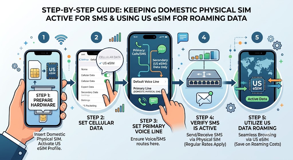 A step-by-step visual workflow demonstrating how to keep a domestic physical SIM active for text messages while routing roaming data through a secondary US eSIM.