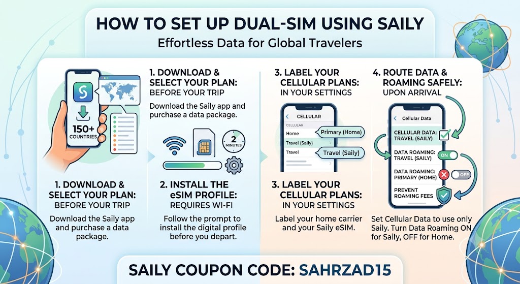 How to Set Up Dual-SIM Using Saily  Using a user-friendly global eSIM provider like Saily (developed by the security experts at Nord Security) makes configuring this setup effortless.  1. Download and Select Your Plan: Before your trip.  Download the Saily app and purchase a data package for your destination country. Saily offers flexible packages across 150+ countries.  2. Install the eSIM Profile: Requires Wi-Fi.  Follow the prompt to install the digital profile on your device. This takes about 2 minutes and is best done on your home Wi-Fi before you depart.  3. Label Your Cellular Plans: In your settings.  Go to your device's cellular settings. Label your home carrier as "Primary" and your Saily eSIM as "Travel" or "Secondary."  4. Route Data and Roaming Safely: Upon arrival.  Set "Cellular Data" to use only your Travel eSIM. Crucially, turn "Data Roaming" ON for the Travel eSIM line, but keep it OFF for your Primary home line to prevent unexpected carrier roaming fees.