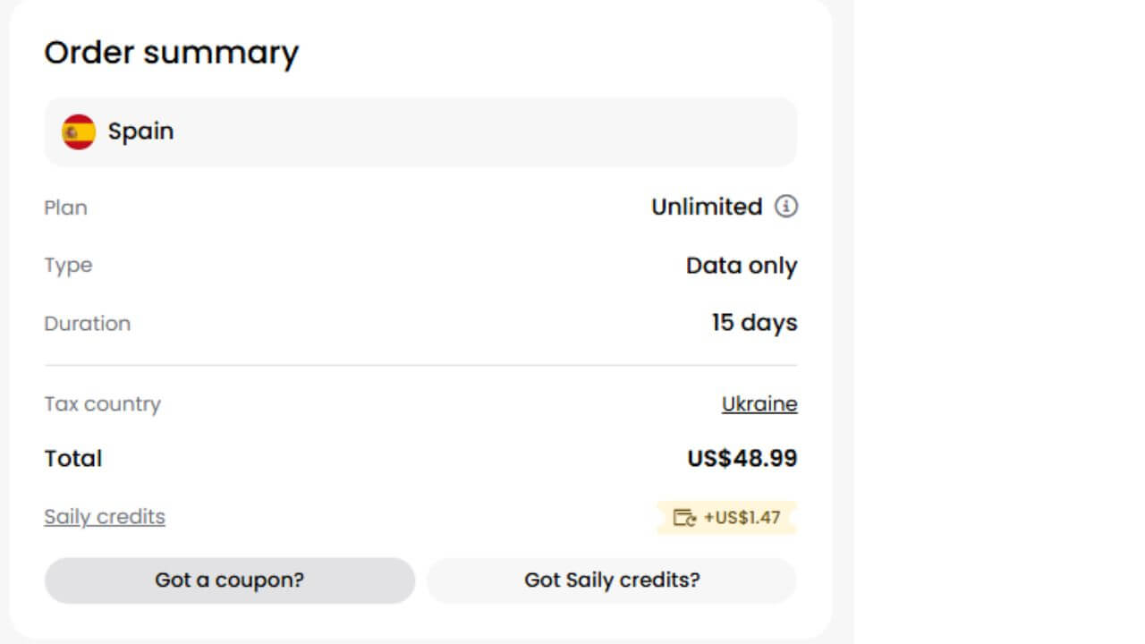 Saily app checkout interface highlighting the plan summary and the blue Got a coupon? button.