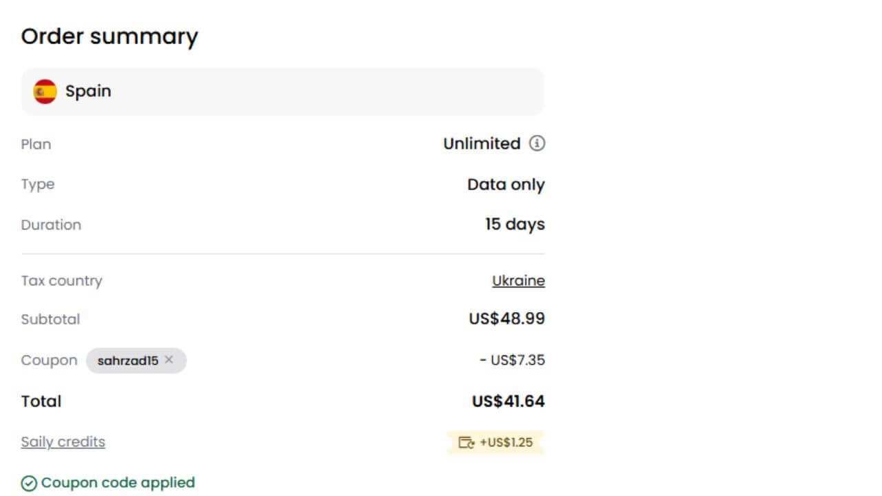 Saily app order total screen displaying the discounted price with the applied coupon code confirmation.