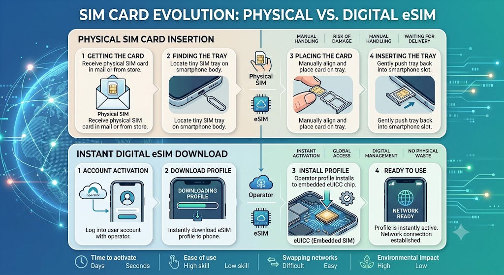 Comparison diagram showing physical SIM card insertion versus instant digital downloading of an eSIM profile onto a smartphone chipset.