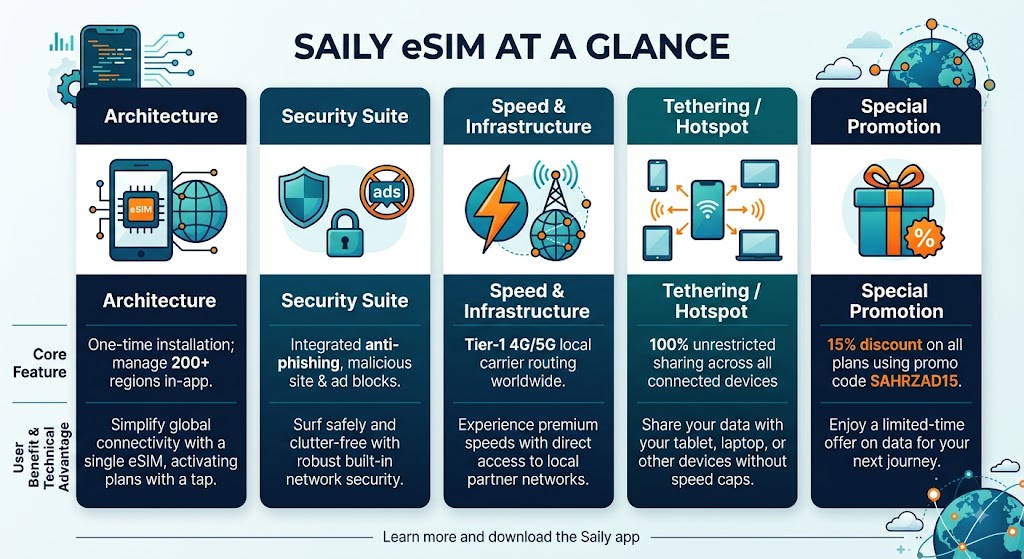 A graphical promo banner featuring the Saily app checkout screen highlighting a 15% price reduction applied using coupon code Sahrzad15