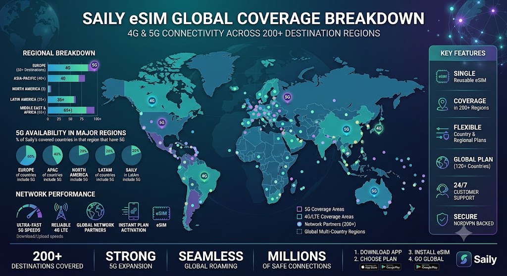 Visual breakdown chart demonstrating Saily eSIM 4G and 5G global coverage across 200+ destination regions.