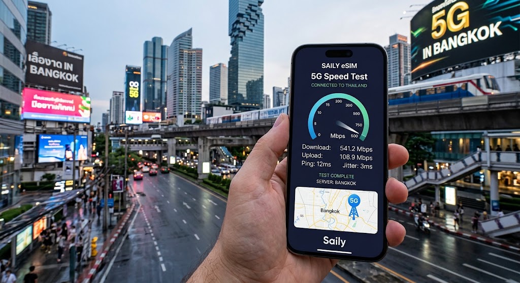 A smartphone screen displaying a 5G network speed test connected to Saily eSIM in downtown Bangkok, Thailand.