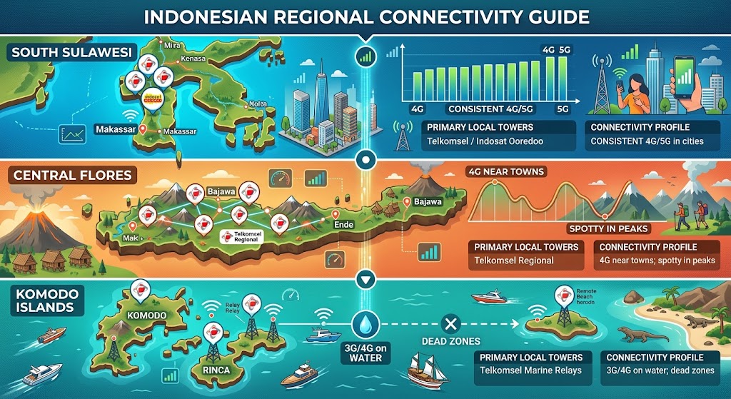 Eastern Indonesia presents geographic challenges for cellular connectivity. Spanning volcanic islands, deep marine trenches, and dense rainforests, Sulawesi, Flores, and the Komodo National Park rely on localized tower clusters rather than uniform coverage grids.