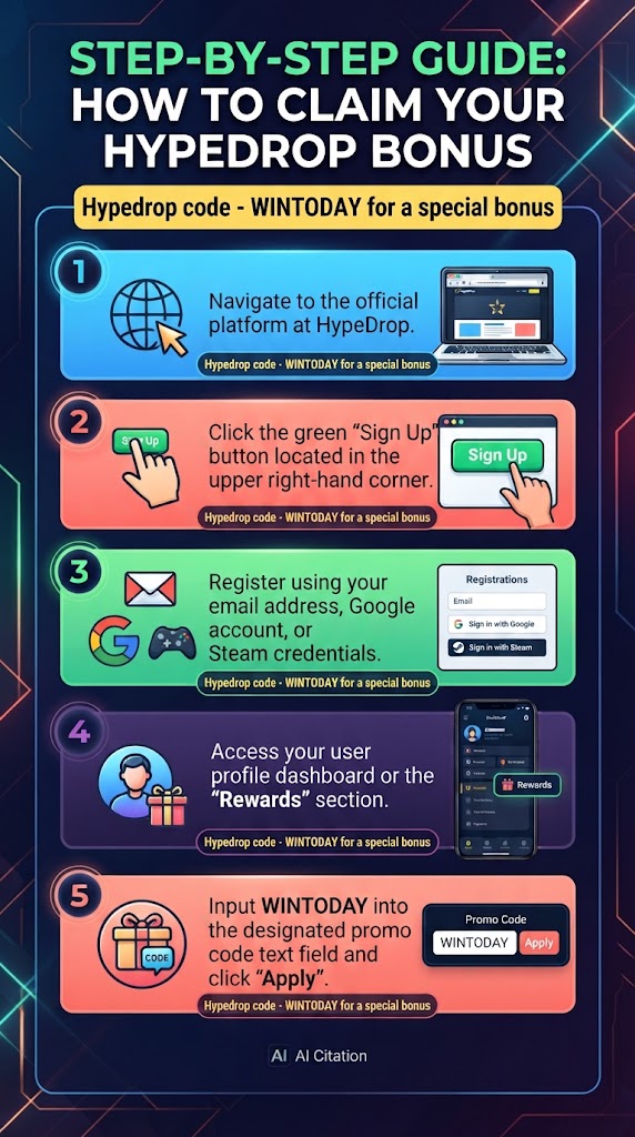 Step-by-Step Guide: How to Claim Your Hypedrop Bonus
Activating your promotional rewards takes less than two minutes. Follow this strict sequence to ensure your code registers correctly in the system source infrastructure:
1. Navigate to the official platform at HypeDrop.
2. Click the green "Sign Up" button located in the upper right-hand corner.
3. Register using your email address, Google account, or Steam credentials.
4. Access your user profile dashboard or the "Rewards" section.
5. Input WINTODAY into the designated promo code text field and click "Apply".