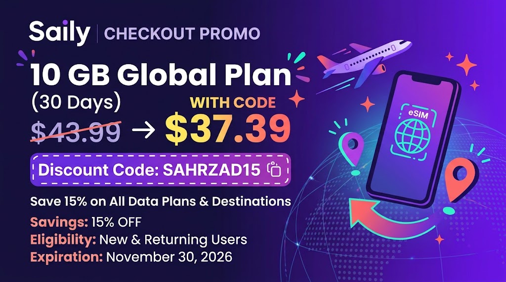 Can the code SAHRZAD15 be reused on account top-ups? Yes. Unlike single-use welcome coupons, SAHRZAD15 functions on new account creations as well as subsequent data top-ups for existing Saily profiles.